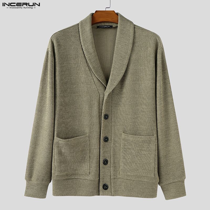 INCERUN Pulovere Subțiri Casual cu Mânecă Lungă și Guler Rever pentru Bărbați