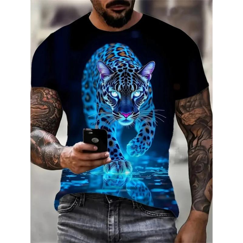 Men's T-shirt Men's Fashion Leopard Print Animal Print Casual Short Sleeved Round Neck T-shirt Loose Top