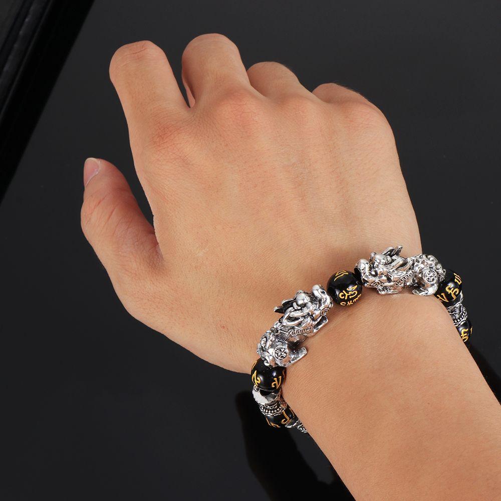 Gifts Good Luck Cuff Bangle Attract Wealth Black Obsidian Wristband Feng Shui Bracelet Silver PiXiu