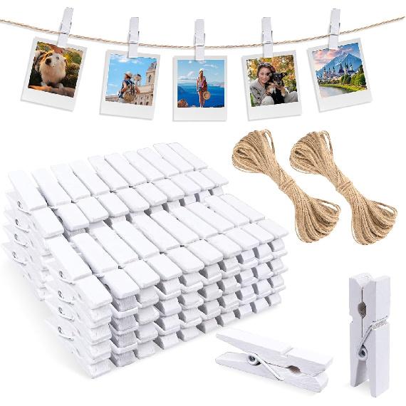 joycraft Mini Wooden Clothesp with String - 100Pcs Brown Craft Clips, 1.4 in Photo Holder Hanging Clips for DIY Craft, Wedding Party Decor, Classroom