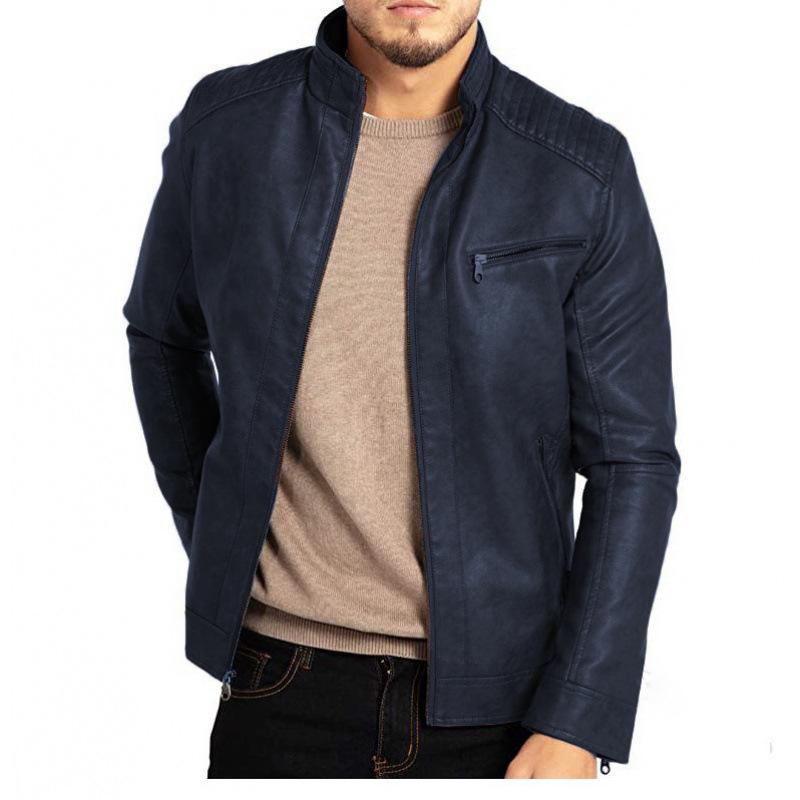 European & American Men's PU Leather Motorcycle Jacket - Stand Collar Punk Style for Teens & Adults.