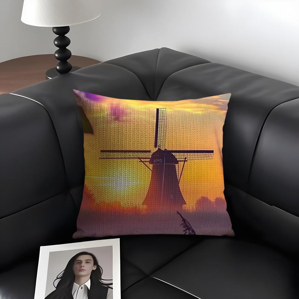Windmill Fashion Cushion Cover Natural Linen Organic Fabric Double-Sided Printing Sofa Home Decor Gift Pillow Case