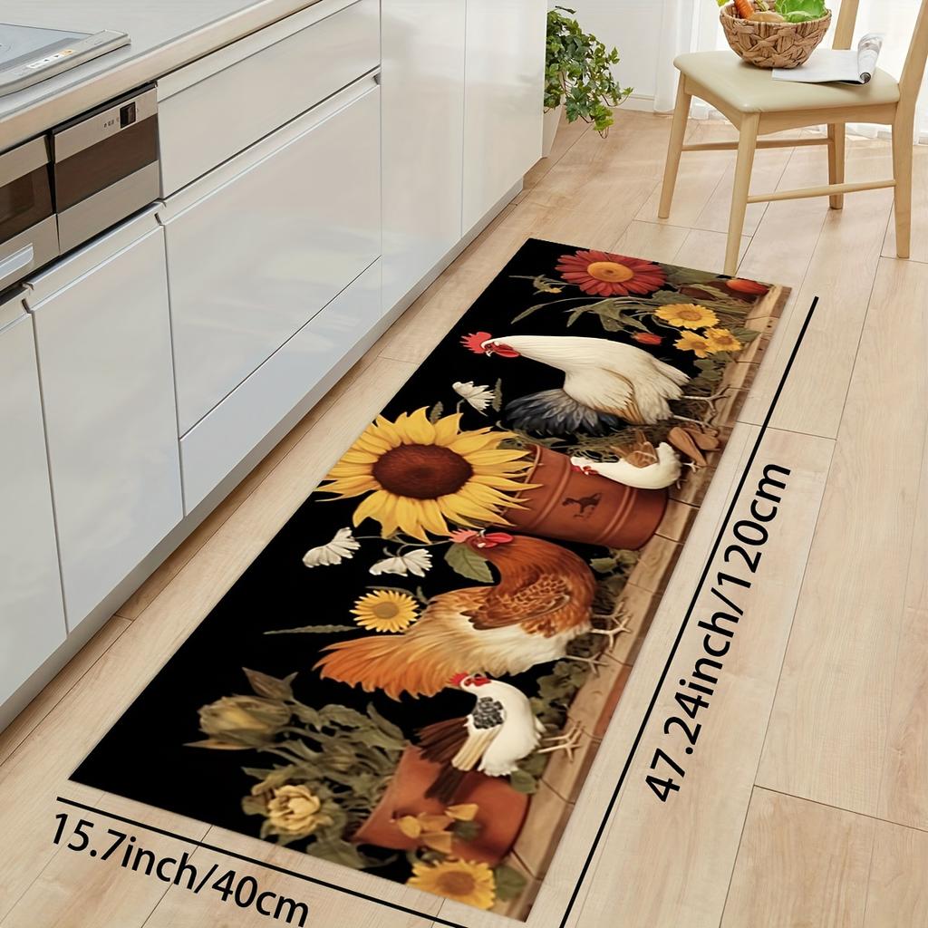 1ks Luxury Rooster Sunflower Print Print Kuchyňská podložka Měkká zahuštěná kuchyňská podložka Vodotěsná Protiskluzová Protiskluzová Podložka proti oleji Podložka na běhání