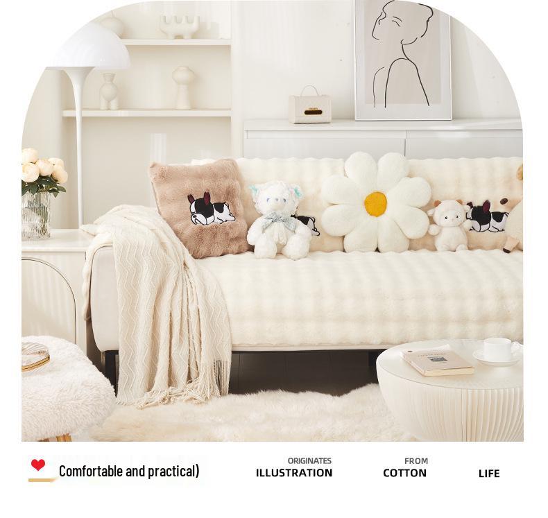 Large Rabbit Fur Plush Sofa Cushion - Winter 2025 Fleece Lined, Thickened, Non-Slip Leather Cover