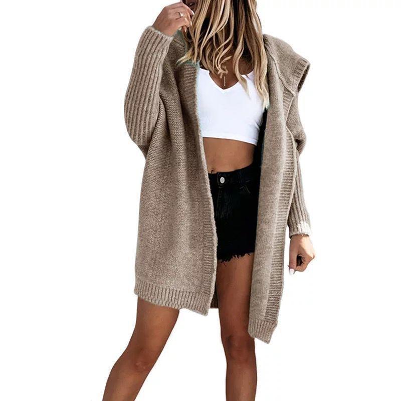 2025 New Knitted Hoodie Sweater Temperament Commuter Bat Type Loose Solid Color Hooded Sweater Jacket Women