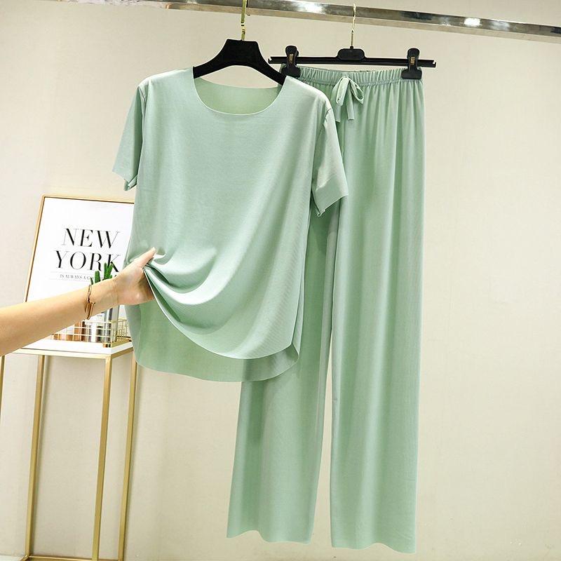 2025 Spring and Summer Ice Silk Pajamas Two-piece Short-sleeved Long Pants Colorful Large Size Breathable Leisure Home Wear Suit