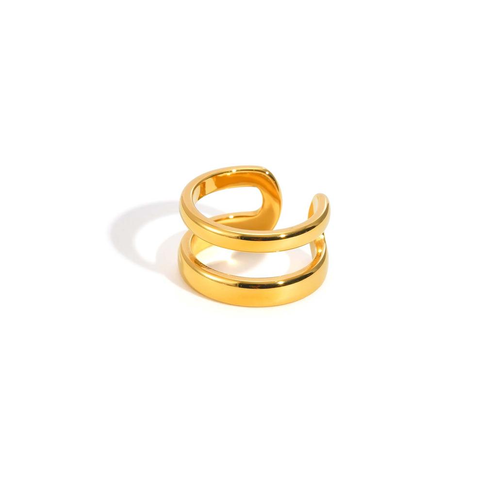Stainless Steel Double-layer Geometric Women's Rings, 18K Gold Color Opening Chunky Ring, Waterproof Party Jewelry Gift