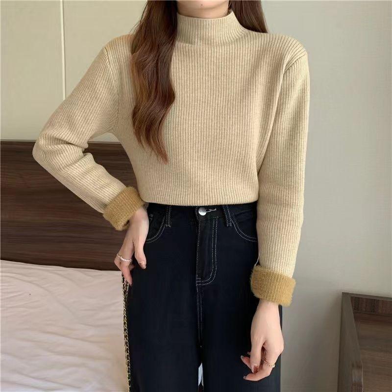 Fleece and Thickened Sweater Top for Women In Winter Semi-high-neck Pullover and Fitted Knitted Sweater Worn Inside