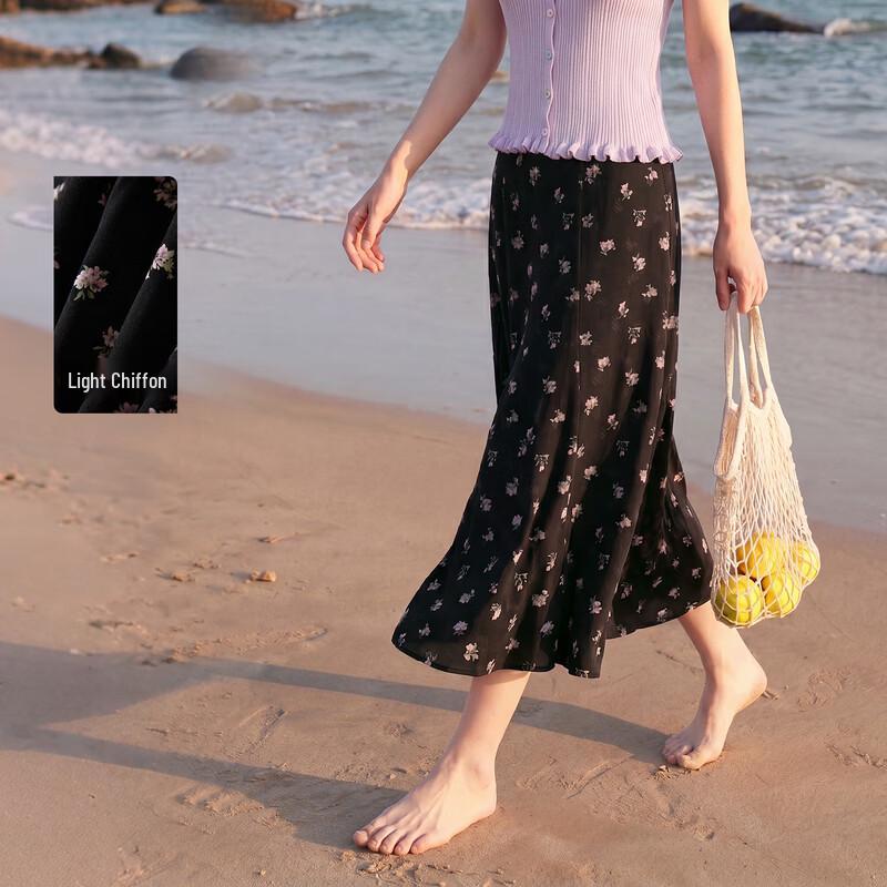 Elegant Floral Print High-Waisted A-line Midi Skirt L