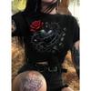 European Size Gothic Edgy Rose & Thorny Heart Graphic Print Black T-Shirt - Women's Casual Crew Neck Short Sleeve Top, Summer Outfits & Unique Gifts