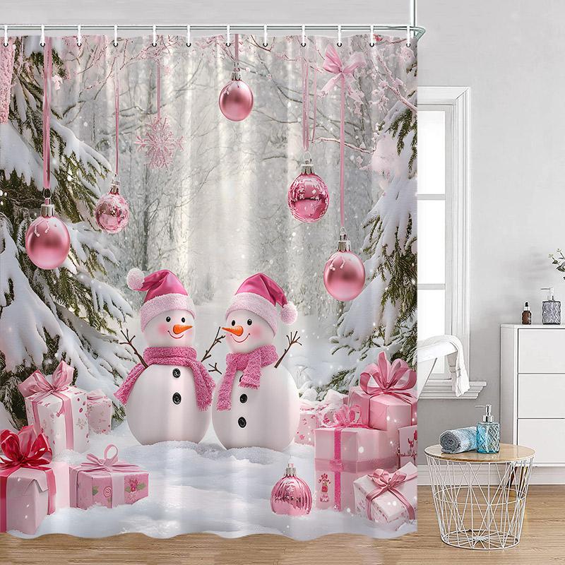 Cute Snowman Christmas Shower Curtain Winter Forest Xmas Trees Snow Lights New Year Home Bathroom Decor Bath Curtains With Hooks
