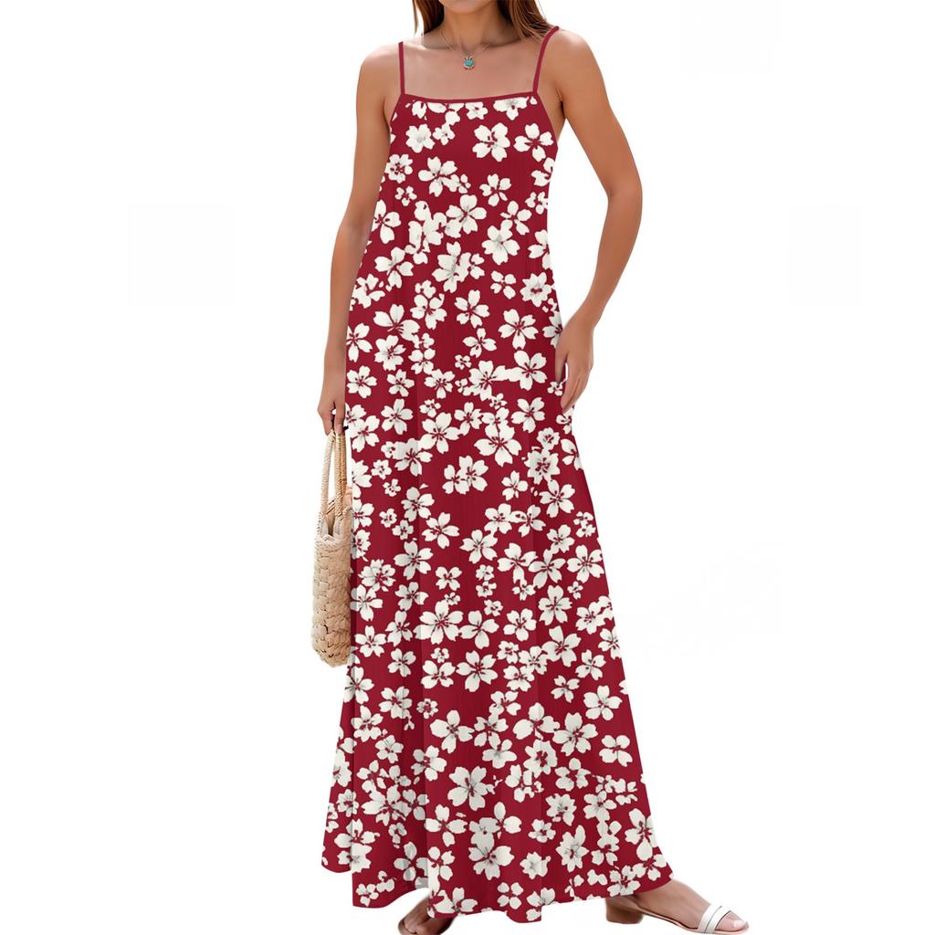 Women's Spring And Summer Casual Fashion Adjustable Suspender Printing Long Dress