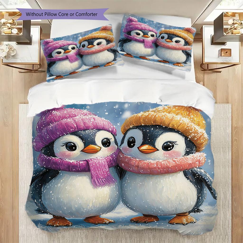 Penguin Pattern Bedding Quilt Set Quilt Cover Pillowcase Home Decoration Birthday Gift (1 * duvet cover + 2 * pillowcase, without core)
