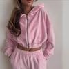 Ensemble de survêtement décontracté pour femme : veste à capuche zippée rose et pantalon large taille haute