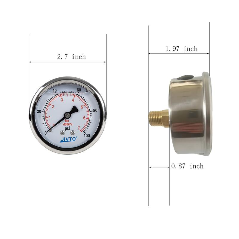 JIVTO Glycerine Filled Pressure Gauge 2.5 Inch Dia 1/4 NPT Back Mount 30,60,100 Psi & Bar