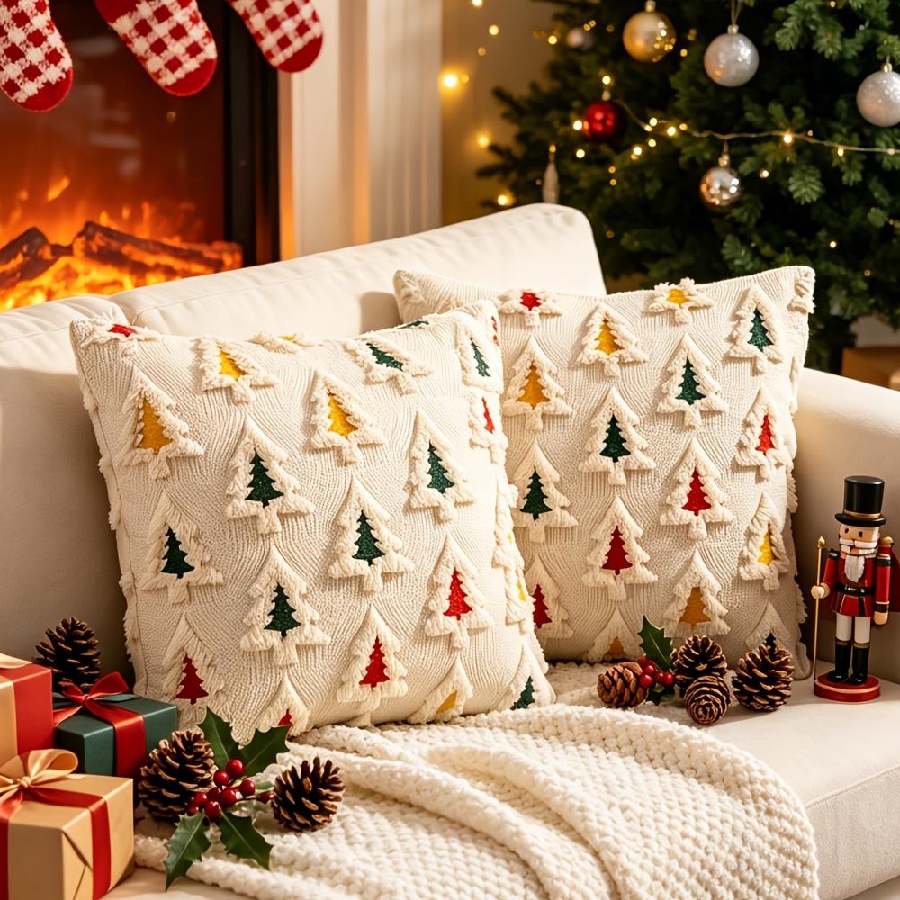 2pcs Christmas Tree Embroidered Plush Throw Pillow Covers Vintage Cute Soft Cozy Cushion Covers for Christmas Bedroom Sofa Decor Without Pillow Core