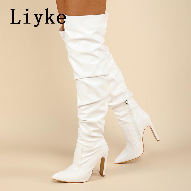 

Fashion Liyke Fashion Design Pleated Leather Over The Knee Boots Sexy Pointed Toe Zip White High Heels Autumn Winter Women Shoes 35 белый