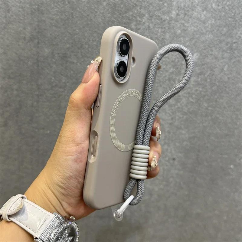Apple 16 Magnetische Vloeibare Siliconen Telefoonhoes met Lanyard voor iPhone 15 Pro Max - Huidachtige Volledige Bedekking