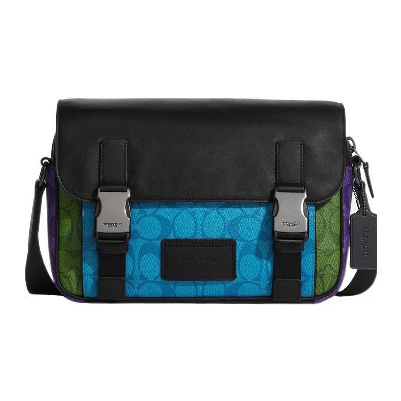

COACH crossbody bag Track 27 zipper flap color-blocked adjustable shoulder strap cowhide leather messenger shoulder large size unisex black with blue чорний
