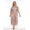 Floral Tulle Plus Size Dresses for Women Round Necked Lace Appliques Dress Summer Mesh Sheer Bling Floral Pleated Dress Commuter Fashion Dresses