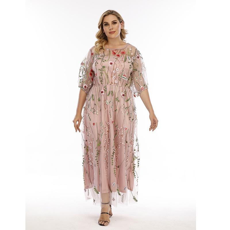 Floral Tulle Plus Size Dresses for Women Round Necked Lace Appliques Dress Summer Mesh Sheer Bling Floral Pleated Dress Commuter Fashion Dresses