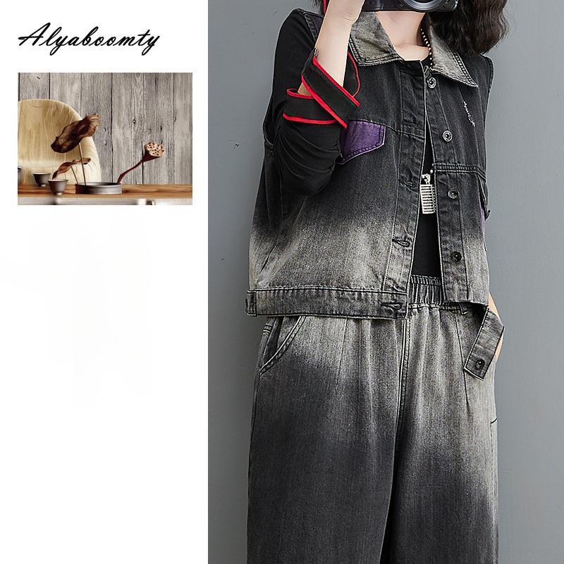 Korean Style Spring Summer Women Denim Vest Turn-Down Collar Contrast Color Stylish Vest Casual Loose Ripped Sleeveless Denim Jacket