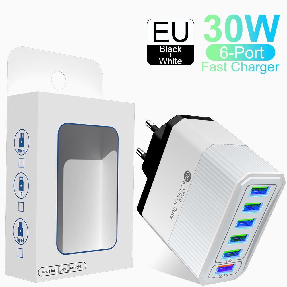 QC3.0 30W Six-Port Fast Charger with EU/US/UK/AU Plugs