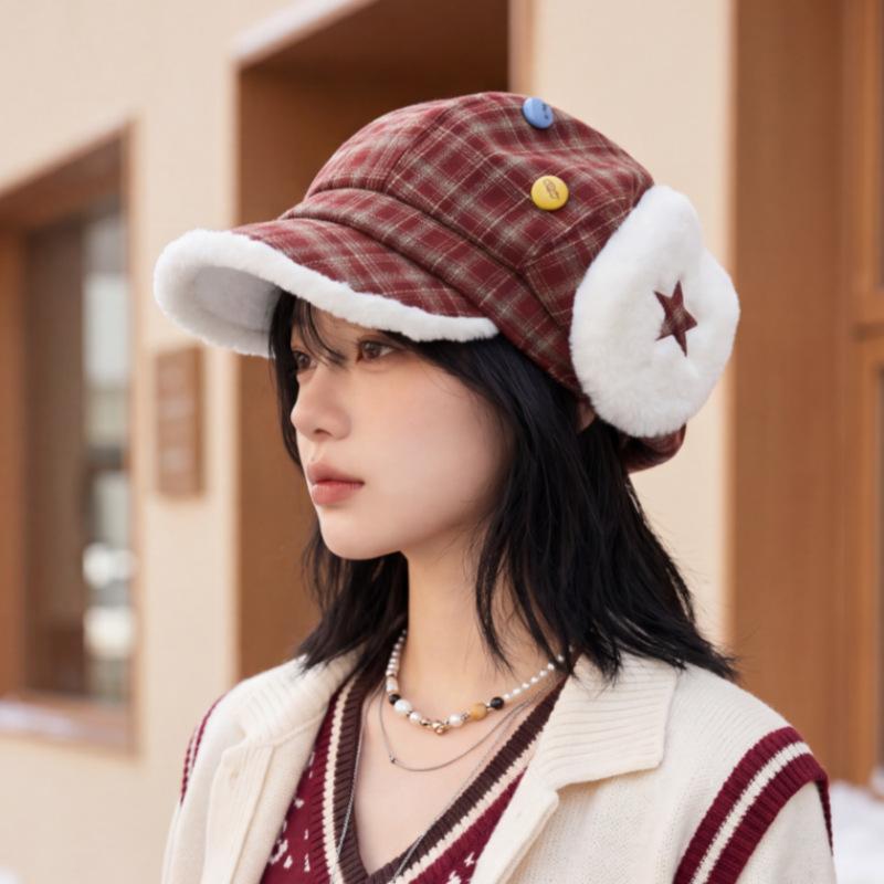Winter Thick Earmuff Peaked Cap Korean Vintage Plush Warm Short Brim Cap