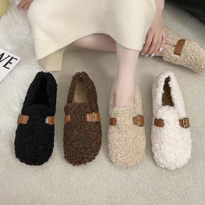 Flat-bottomed one-pedal lazy fluffy shoes for women to wear 2025 new autumn and winter velvet beanie single shoes cotton shoes