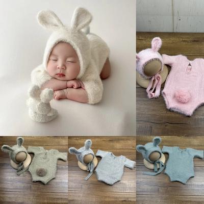 Neugeborenen-Fotografie-Requisiten Strick-Outfit Hasenpuppe Baby Cosplay Brille Baby-Fotoshooting-Requisiten Accessoires