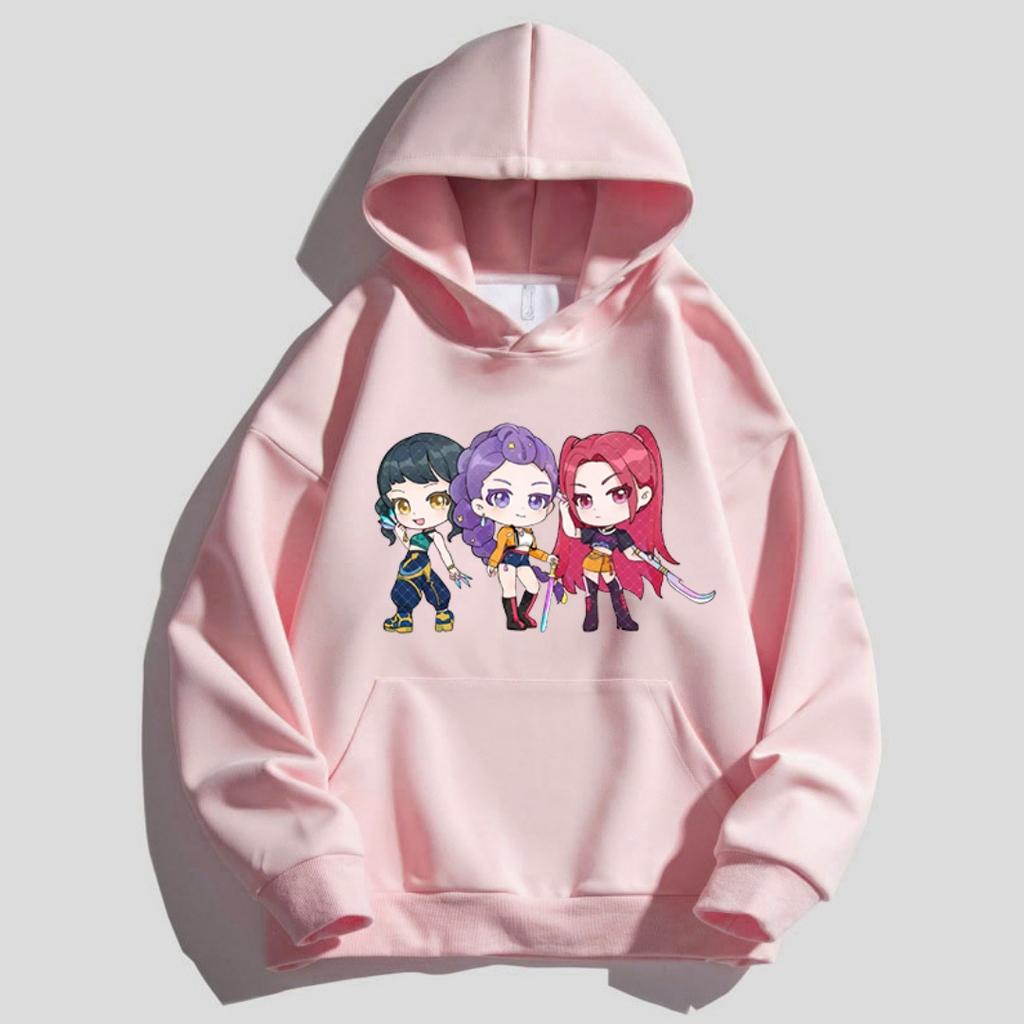 Kpop Children's Cartoon Printed Hooded Sportswear Casual Street Style Anime Idol Combination Printed Long Sleeved Girls' Top