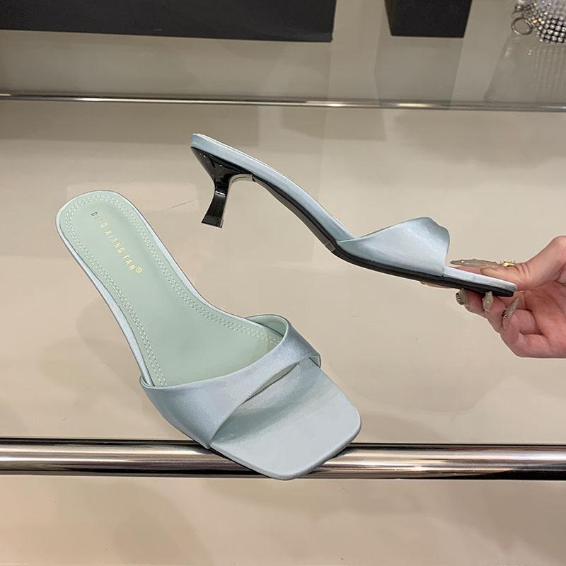 

Fashion Fashion Silk Women Medium Heels Pumps Slides Shoes Female Casual Footwear New In Spring Summer Square Toe Ladies Heeled Shoes 35 зелёный