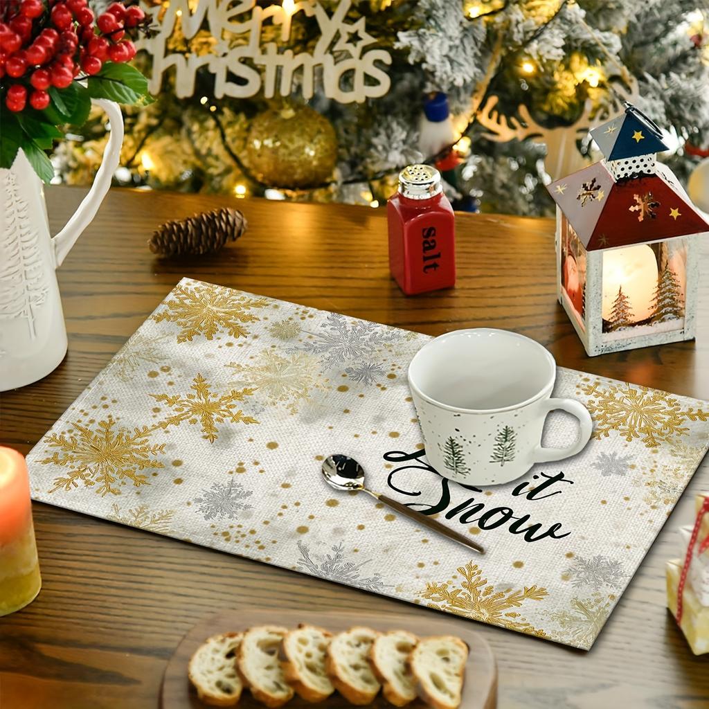 4/6pcs, Winter Christmas Snowflake Placemats, Linen Table Mats Featuring Golden Snowflakes and Polka Dot Snowflake Ornaments, Suitable for Holiday Kit