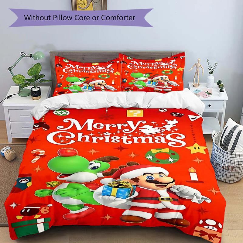 

3pcs Mario and Yoshi s Festive Adventure Printed Duvet Cover Set (1 * Cover+2 * Pillowcase, Without Core), Suitable for Home Bedroom, Guest Room, 135x200cm