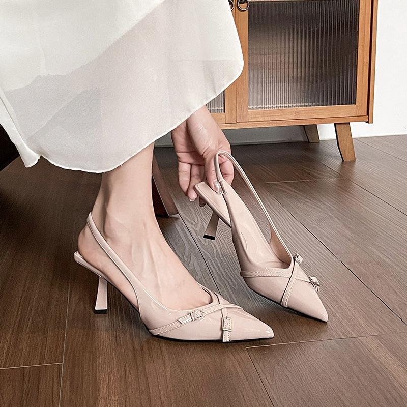 New, sheepskin version French high heels women's summer temperament thin heel pointed single shoes one word with bag head sandals