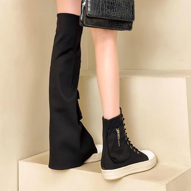 Internet Celebrity Boots Women 2025 New Korean Version Ugly Cute Round Pants Tube Boots Retro Pleated Trend Canvas Knight Boots