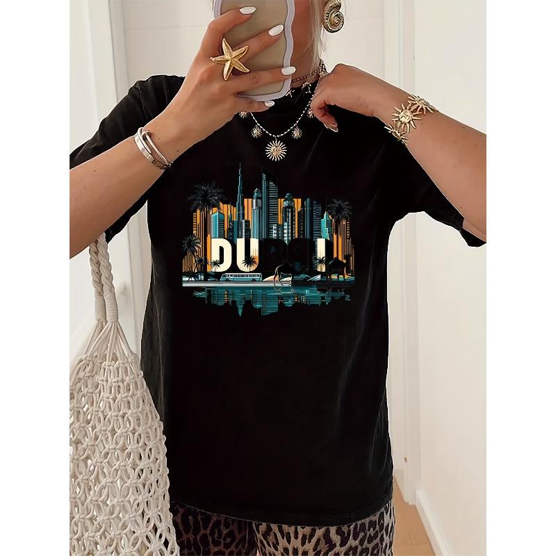 

European Size Women s Dubai Skyline Print T-Shirt - Short Sleeve Round Neck Casual Top Suitable for Travel 4XL чорний