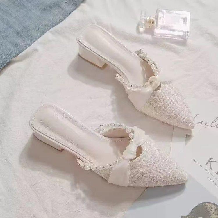 Pointed Fairy Wind Pearl Bag Head Half Slippers Spring and Summer New Outer Wear Thick Heel Middle Heel with Skirt Sandals