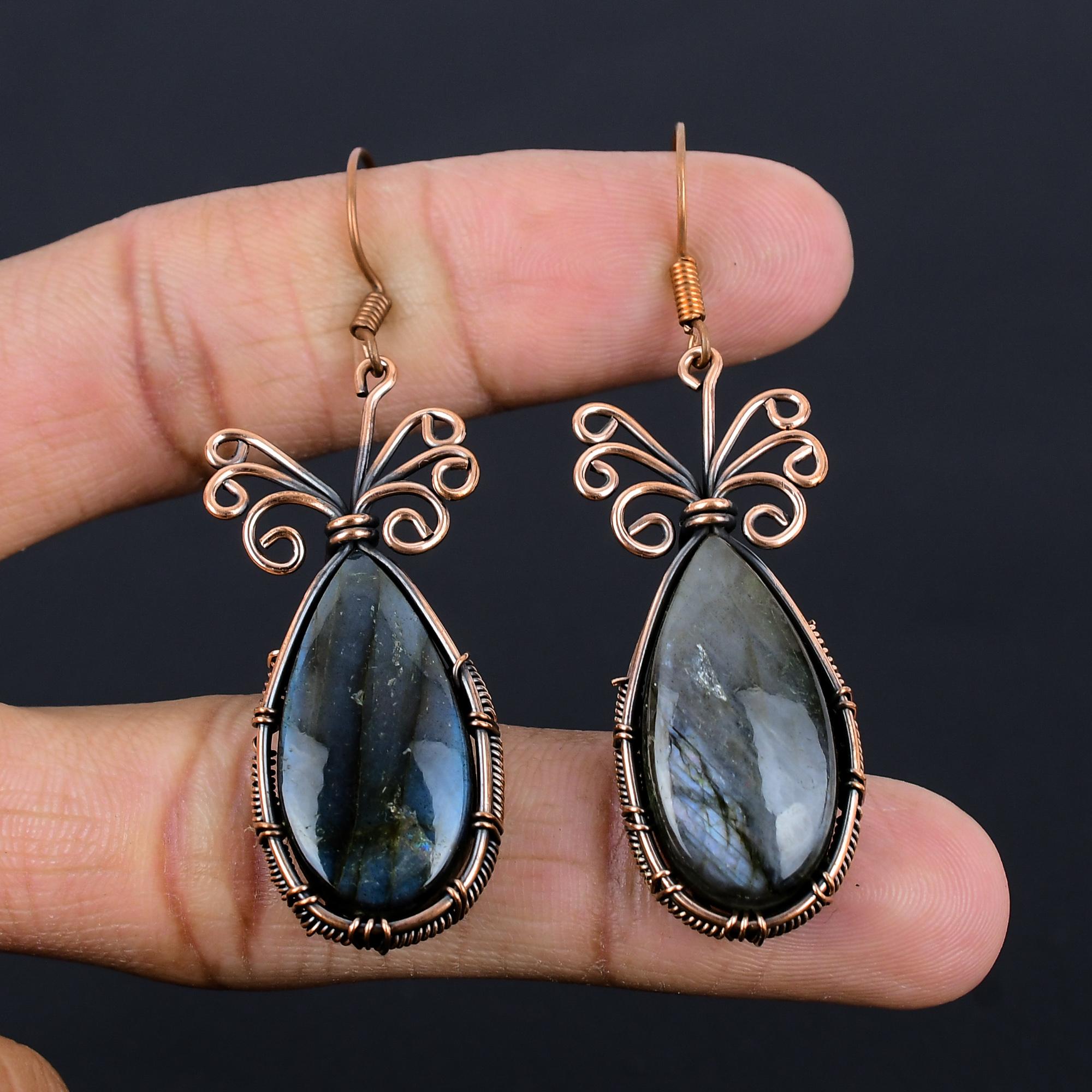 

Серьги из лабрадорита, обернутые медной проволокой 999 пробы, Ювелирные изделия с драгоценными камнями ручной работы, Подарки для жены, Совершенно новые серьги 2.55 Inches