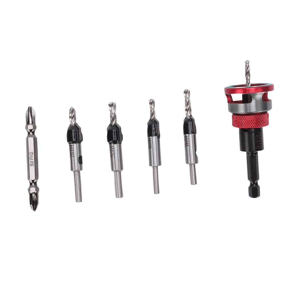 Countersink Drill Bit Set Kit with Limit Adjustable Depth Stepped for Concealed Screws Wood Metal Red