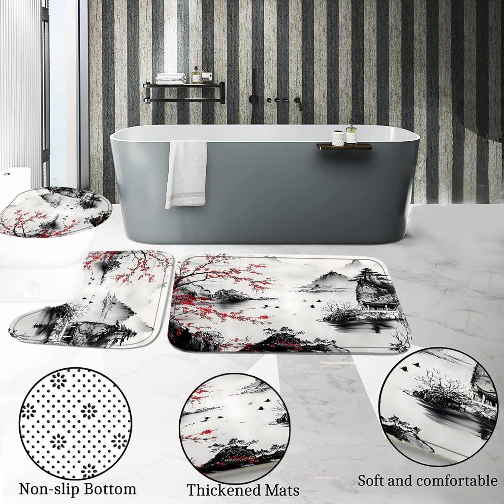 4-Piece Cherry Blossoms Shower Curtain Set Mountain Bathroom Set with Shower Curtain and Rugs, Japanese Style Bath Curtain with