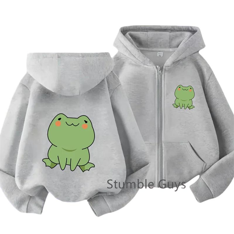 Simple Blush Green Frog Front Back Graphic Zip Up Hoodie For Kids Boys Girls Long Sleeve Soft Cute Cartoon Casual Autumn Jacket
