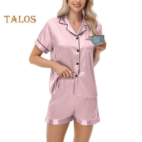 2-teiliges Pyjama-Set, Satin, einreihiges Cardigan-Hemd, V-Ausschnitt, Reverskragen, einfarbiges Hemd mit Brusttasche, lockere Shorts, Nachthemd, Nachtwäsche