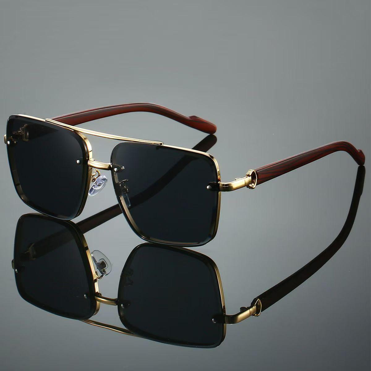 Retro Double Beam Square Full Rim Metal Polarized Sunglasses Fashion 2026 Men Women Gradient PC Lenses Wood Grain Temple UV400 PC&Metal чёрный