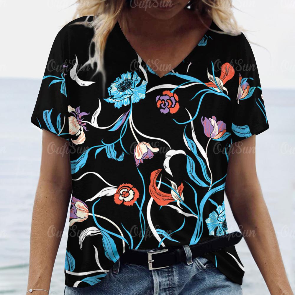 2024 T-Shirt für Damen Floral bedruckte Oberteile Damen Übergröße Kleidung T-Shirts Sommer V-Ausschnitt Oberteile Shirt Original Design T-Shirts