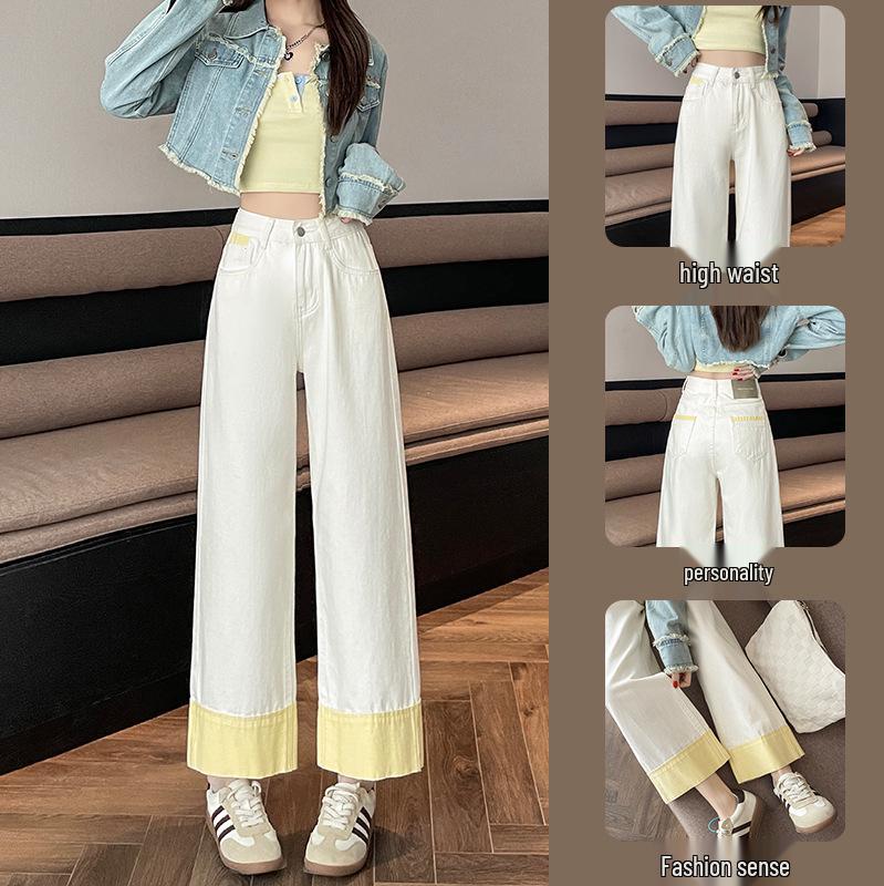 

2025 Women s High-Waisted Color-Block Patchwork Cropped Wide-Leg Jeans X-Small