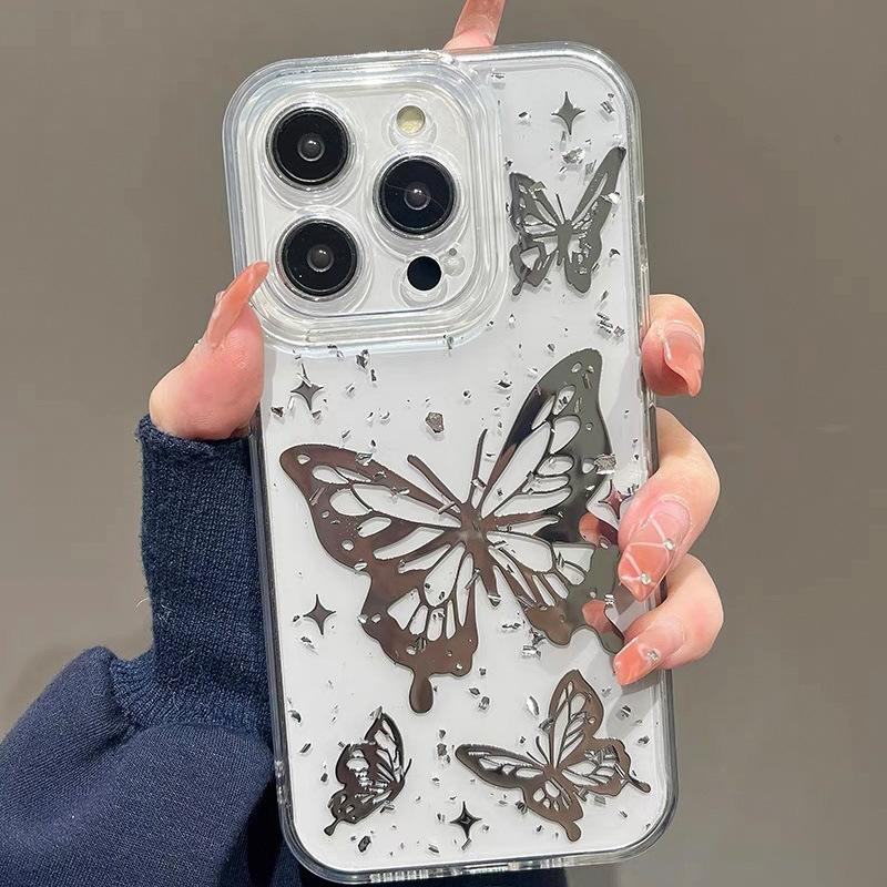 Electroplated Butterfly 17 Mobile Phone Case For Iphone16Promax Fine Hole Lens All-Inclusive Apple 15 Silver Foil Transparent