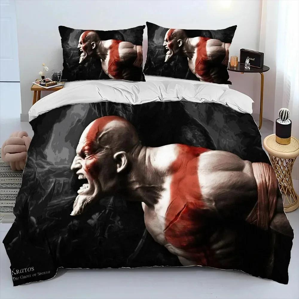 Luxury New 3D Print Game God Of War Kratos Bedding Set Duvet Cover Bed Set Quilt Cover Pillowcase Queen Size Adult Bedding Set