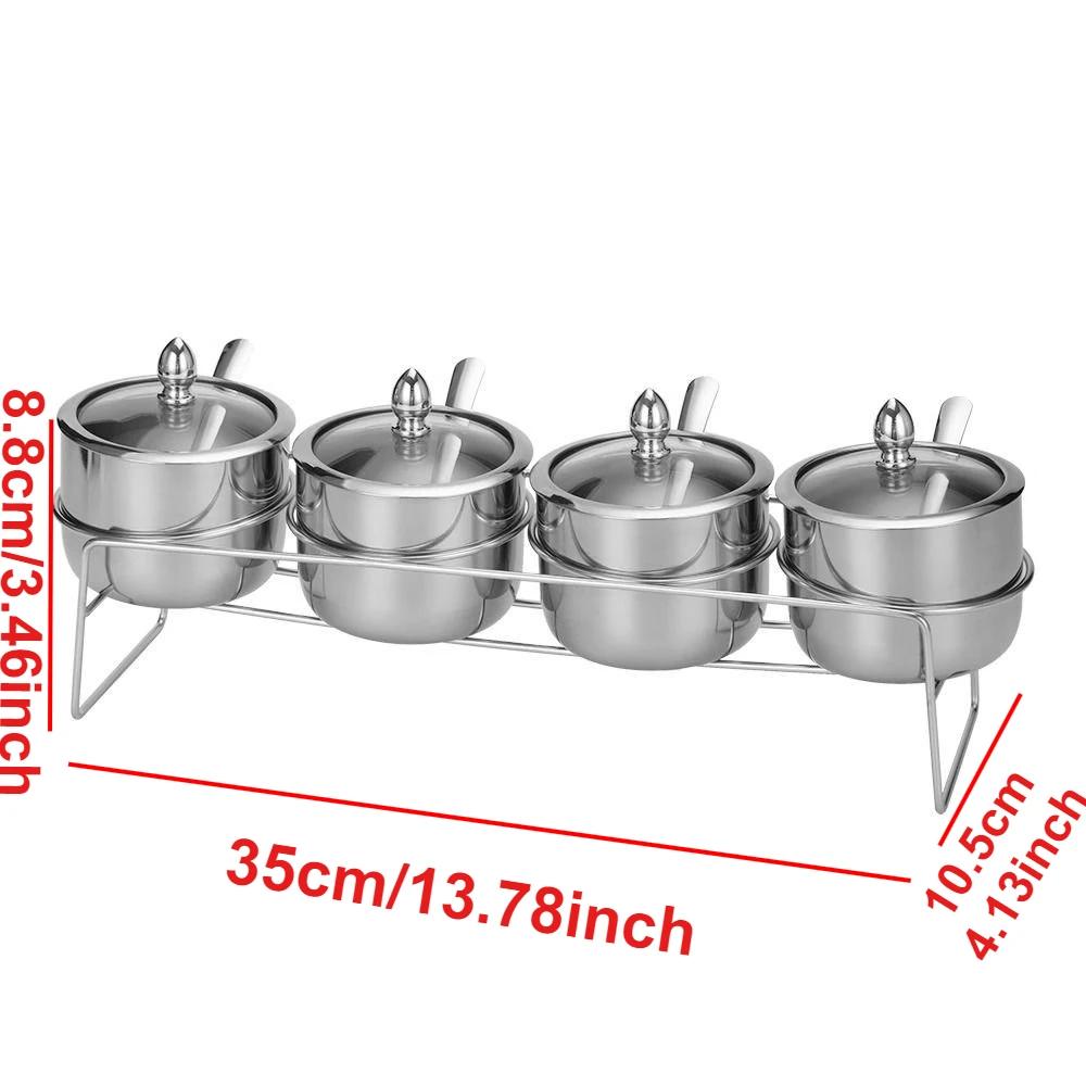 Stainless Steel Seasoning Jar Set with Glass Lid Spoons Kitchen Condiment Pots for Serving Sugar Pepper Salt Spice Kruidenpotjes