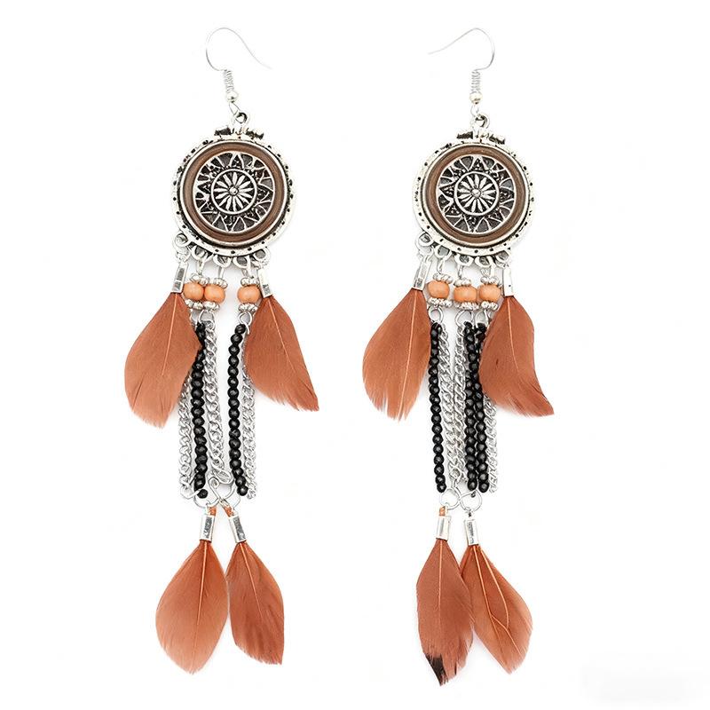 Vintage Bohemian Feather Tassel Earrings Exaggerated Ethnic Vacation Dangle Ear Jewelry Fashion Accessories For Women